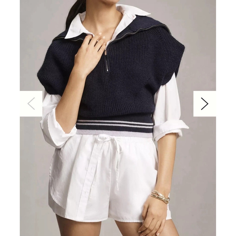 Anthropologie Maeve Quarter Zip Tennis Sweater Vest Size XS Navy Stripe
